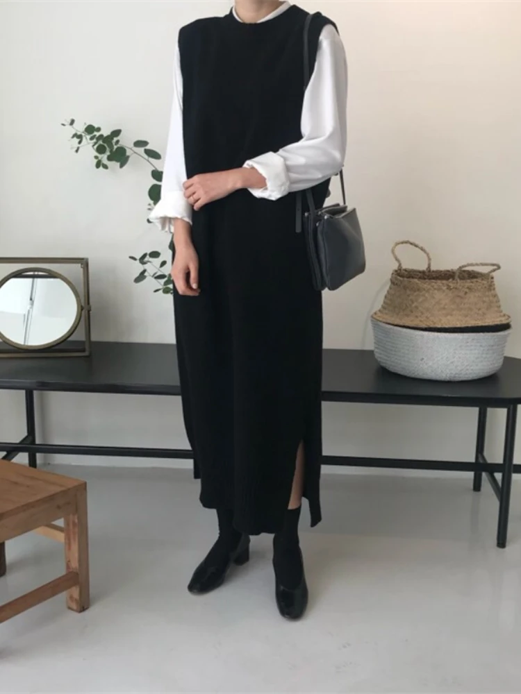 side split Warm Women Autumn Winter Long Sweater Knitted Sundress Loose o neck Sleeveless long vest Dresses Robe Femme Vestido