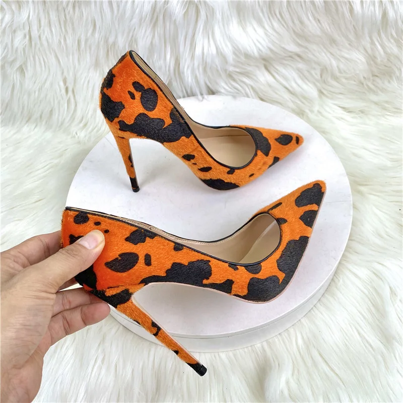 KeShangJia Hairy Grafitti Pattern Women Orange Pointy Toe High Heel Shoes Unique Design Sexy Slip On Stiletto Pumps Plus Size 45