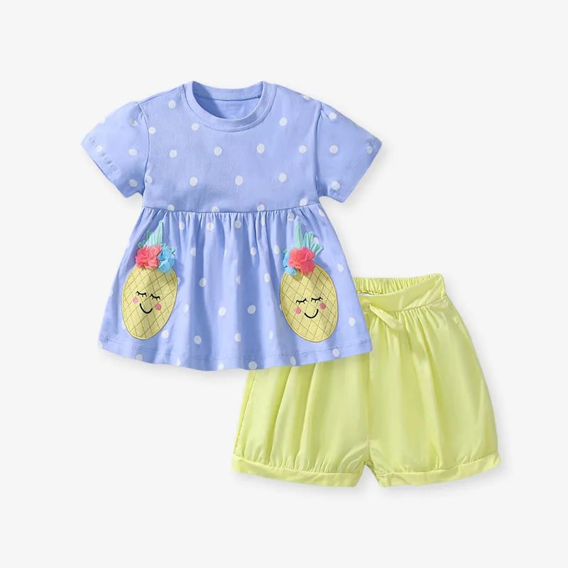 

2Pcs Girls' Summer Outfit Set Light Blue Polka Dot Top with Pineapple Prints, Lime Green Shorts