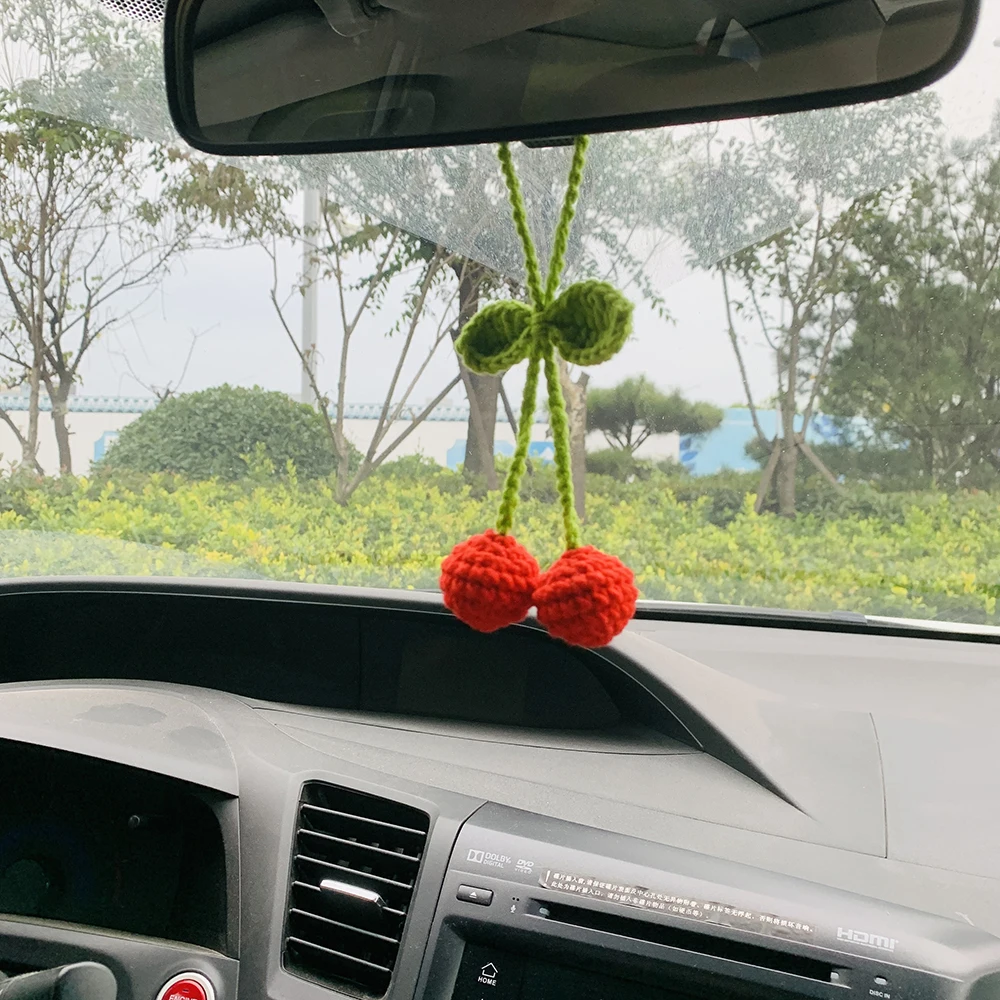 Cute Cherry Kawaii Flower Car Mirror Hanging Charm Fruit Decor Teens Interior Rear View Mirror car Accessories for Women