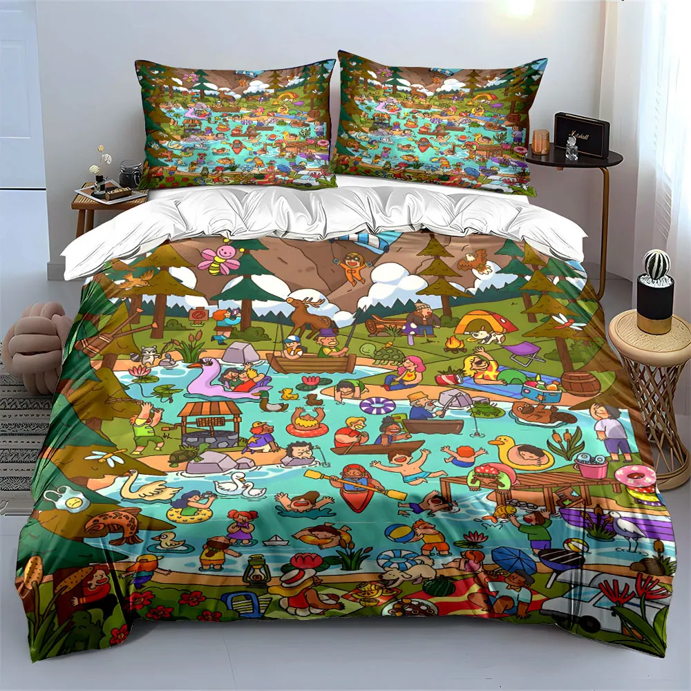 Lively Summer Lakeside Activities cartoon Print Soft Comfortable Duvet Cover Bedding Set Included 1*Duvet Cover  2*Pillowcases