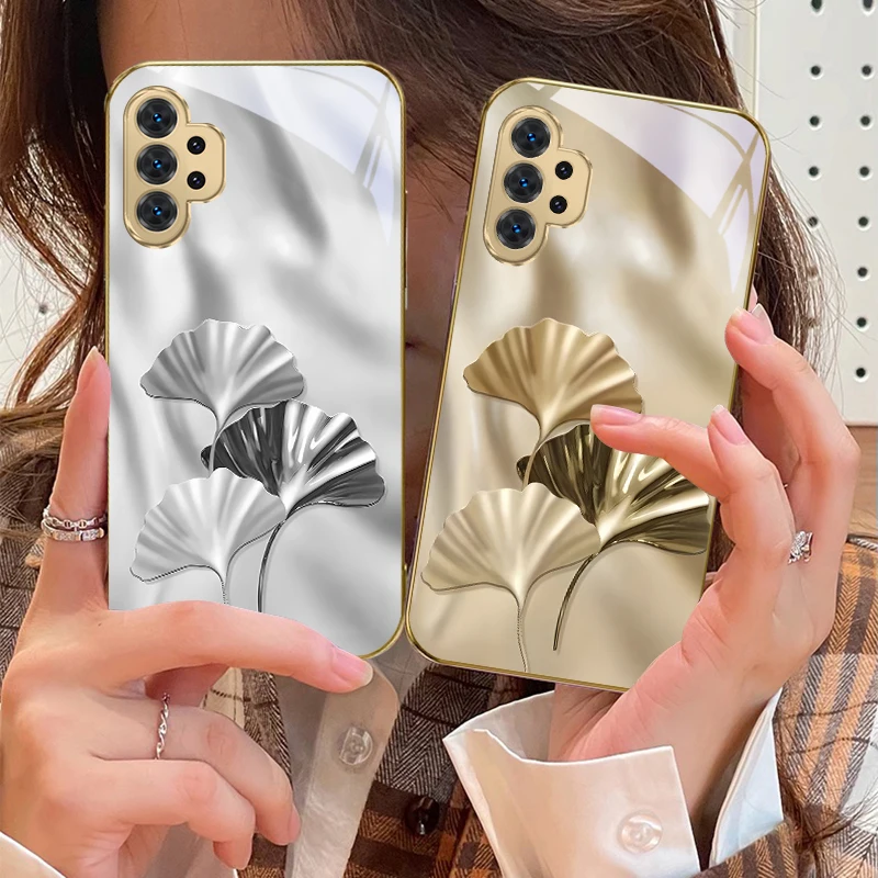 أوراق الجنكة الفاخرة لسامسونج A 31 32 33 34 35 14 15 13 16 25 26 50 52 53 54 55 56 70 71 72 73 حافظة هاتف زجاجية ذهبية