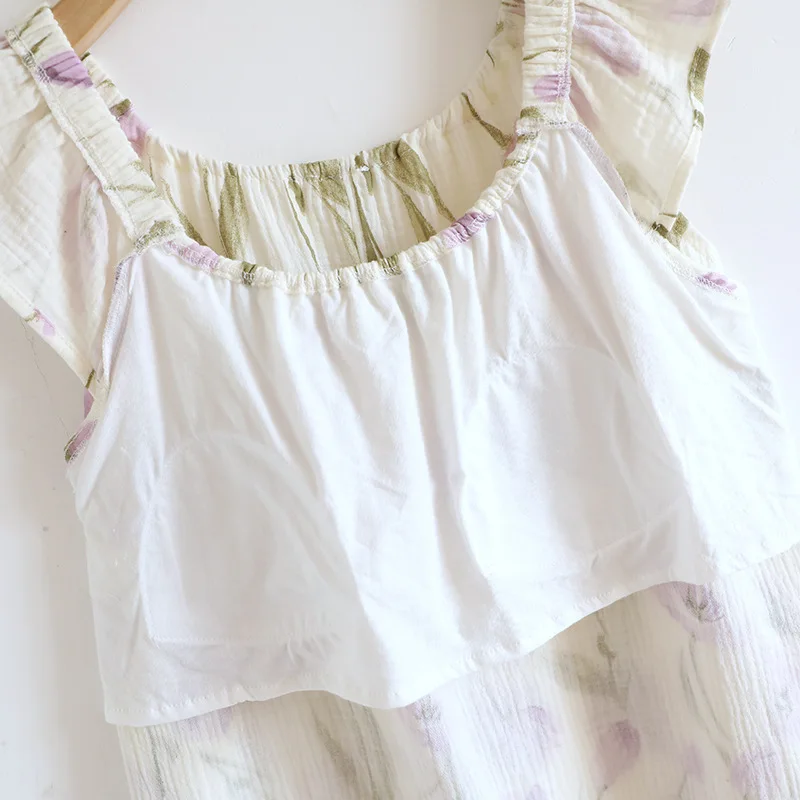 2026 New Summer Women's Sleeping Skirt 100% Cotton Crepe Cloth with Chest Cushion Tank Top Skirt Loose Thin Large Home Clothing view 4