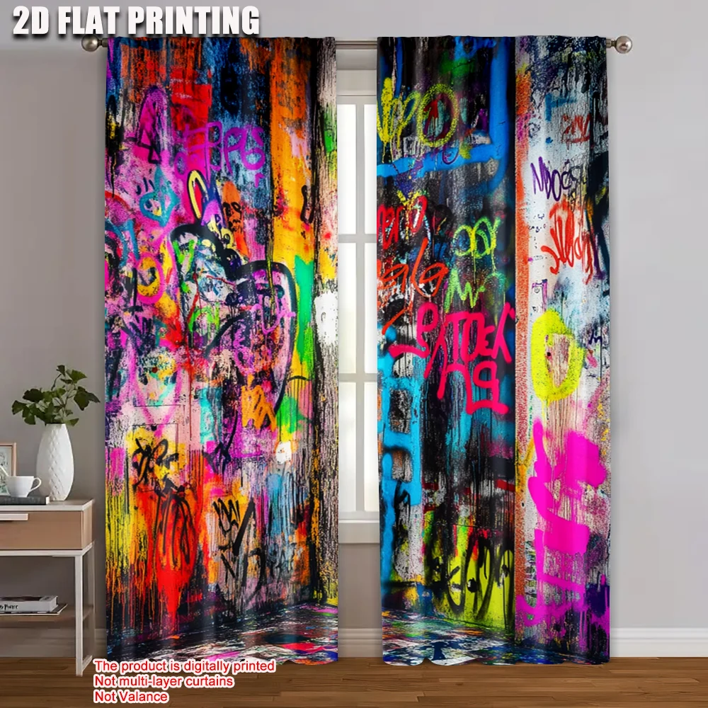 2pcs, 2D flat printing Party Window Curtains Graffiti Versatile Polyester Fabric,Without Electricity Family Party Decoration