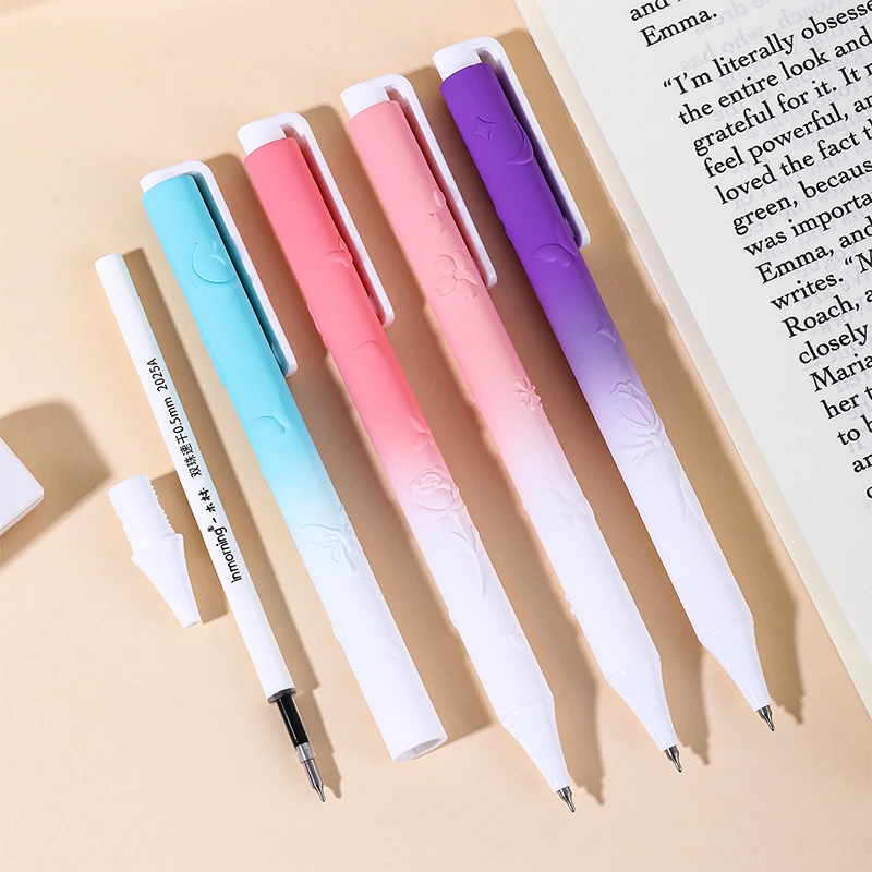 4Pcs/Box New Gradient 3D Embossed Gel Pens, Low Center of Gravity Smooth Writing Cute Pens for Student School Stationery