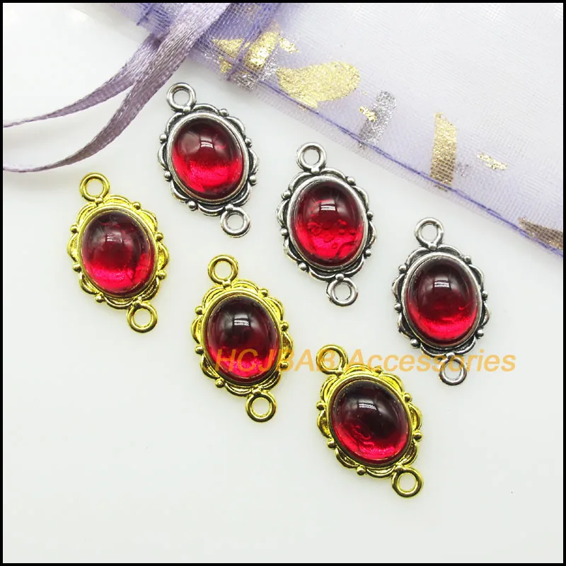 15 New Oval Charms Red Clouds Glaze Pendants Tibetan Silver Plated & Gold Color Connectors 12x21mm