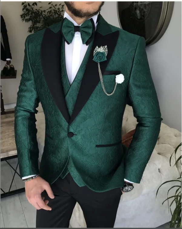 Tailor made man\'s Suit For Men Wedding Jacquard Green Blazer Set 3 Piece Slim Fit Costume Homme Custom Made Groom\'s Jacket Set