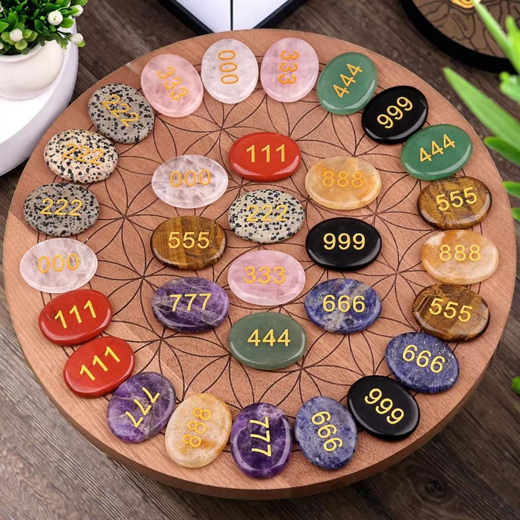Natural Palm Stone Engraved Numbers Carved Healing Crystals Thumb Worry Stones Polished Agate Gemstone Home Decor Ornament