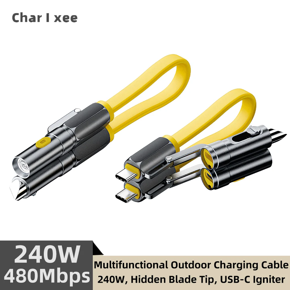 Outdoor Emergency Igniter With Hidden Blade 22cm 240W Dual Type-C Fast Charging Cable Zinc Alloy TPE Multi Function Charger Cord