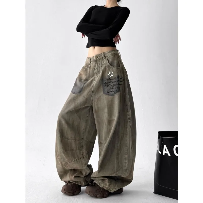 الشارع الأمريكي الهيب هوب الشارع الرقص واسعة الساق الجينز النساء الخريف الرجعية جديد فضفاض عادية Y2K موضة الشارع عالية الخصر الجينز