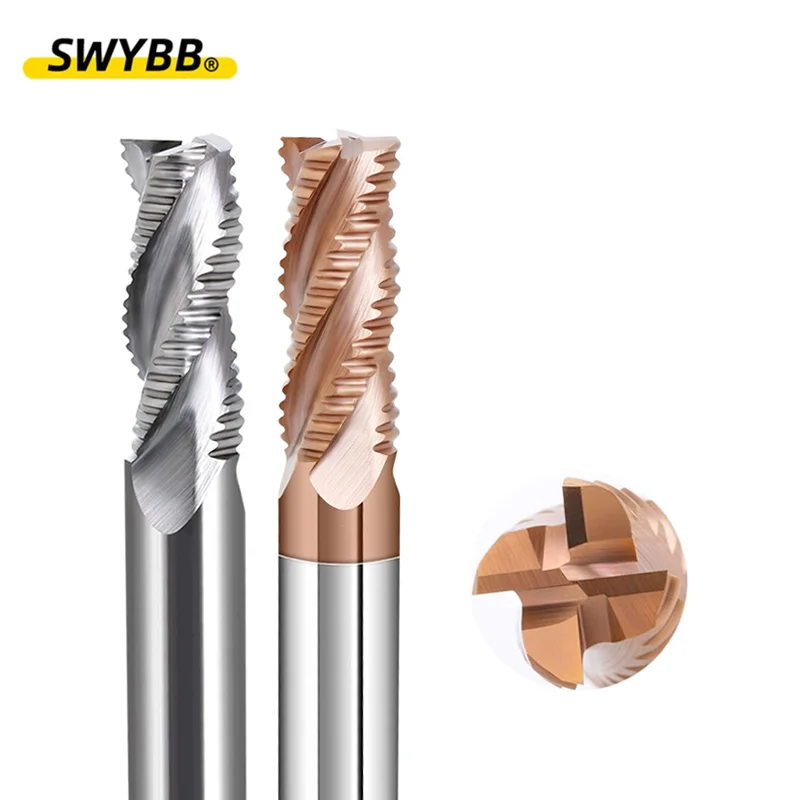 SWYBB Roughing End Mill Solid Carbide CNC Cutting Tool 3 4 Flutes for Aluminum Hard Steel Wood Mill 4mm 6mm 8mm 10mm-20mm