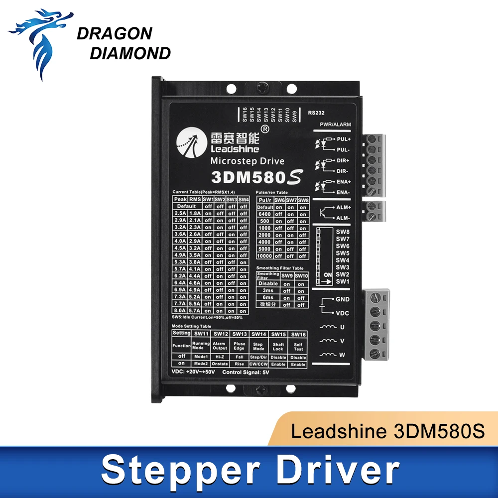 

Leadshine 3 Phase Servo Stepper Driver Nema57 18-50VDC 1-8A 3DM580S Stepper Motor Driver For CO2 CNC Laser Machine