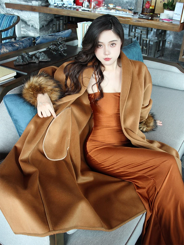 

Lolilin Double-Faced Woolen Coat Thi Warm Women's Faion Commute Sle Briti Sle Long Sve Mid-Length Coat