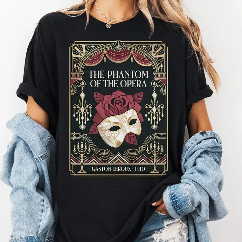 Phantom Of The Opera Art Deco Gaston Leroux Gothic Mask Rose Dark Academia T-Shirt
