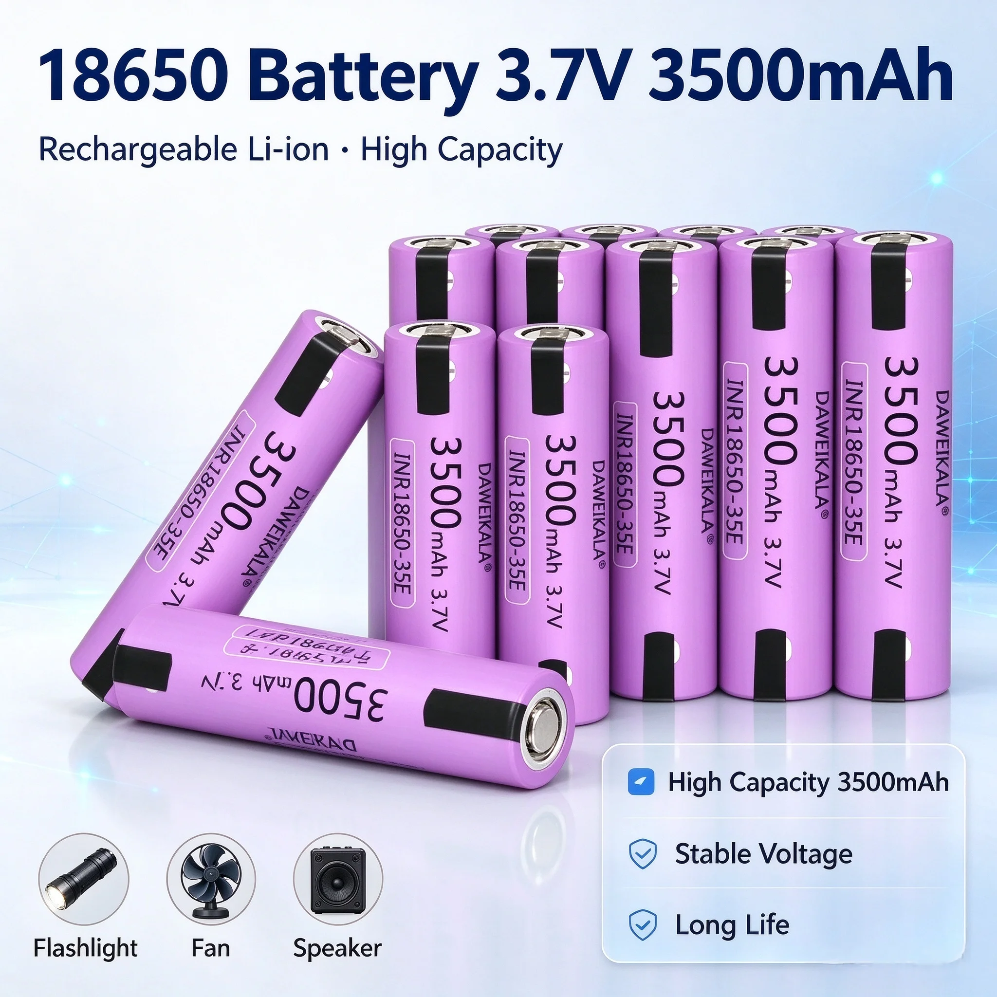 18650 Battery 3.7V 3500mAh Rechargeable Li-ion, High Capacity Stable Cell for Flashlight Lamp Fan Toy Speaker, Long Life