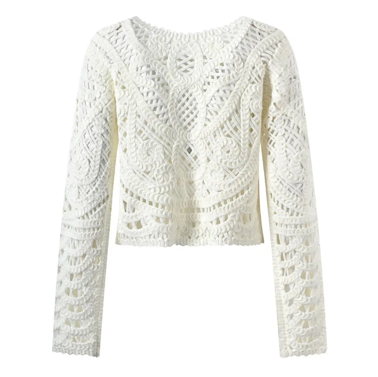 2025 Wit uitgehold gat handgehaakt vest vintage vrouw single-breasted knoppen volledige mouw trui korte gebreide trui