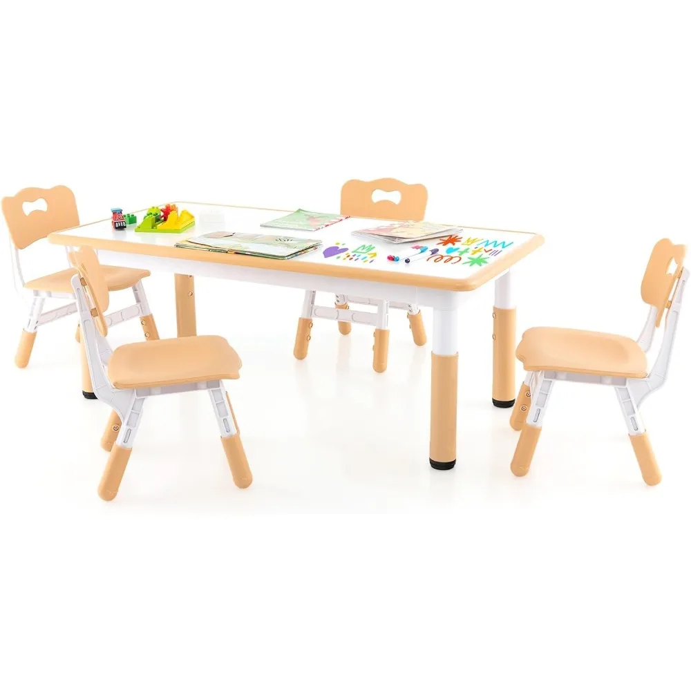 Kids Table and Chair Set, Height Adjustable Children Activity Table and 4 Chairs Set w/Erasable Graffiti Desktop, Todd