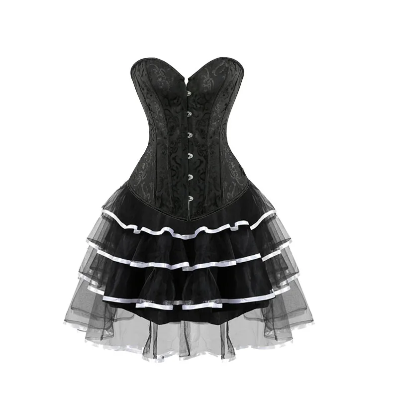 Black Corsets Dress for Women Plus Size Overbust Corset with Tutu Skirt Set Burlesque Corselet Victorian Retro Gowns Costumes