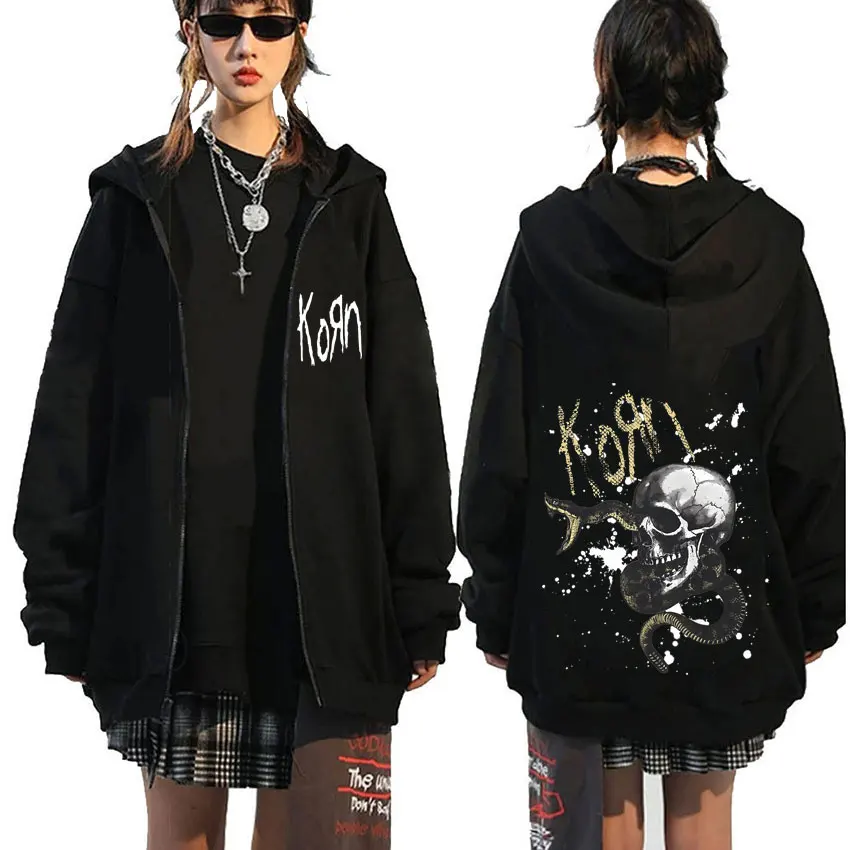 Rock Band Korn Serpent Skeleton Graphic Zipper Hoodie Men Women 90s Classic Vintage Zip Up Hoodies Male Oversized Zip Up Jacket