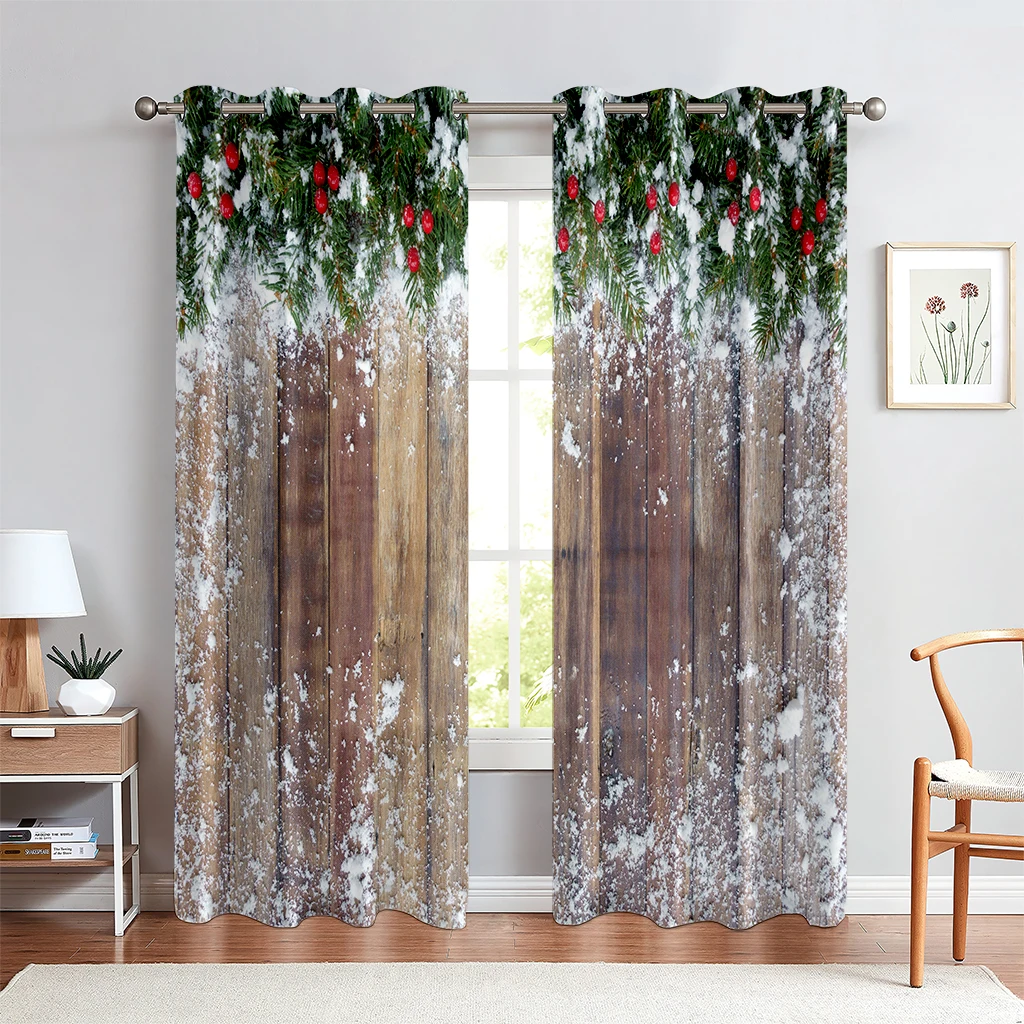 2pcs Curtains With A Vintage Wood Grain And Snowflake Print—Festive Christmas Decor For The Dining Room, Or A Gift For Children.