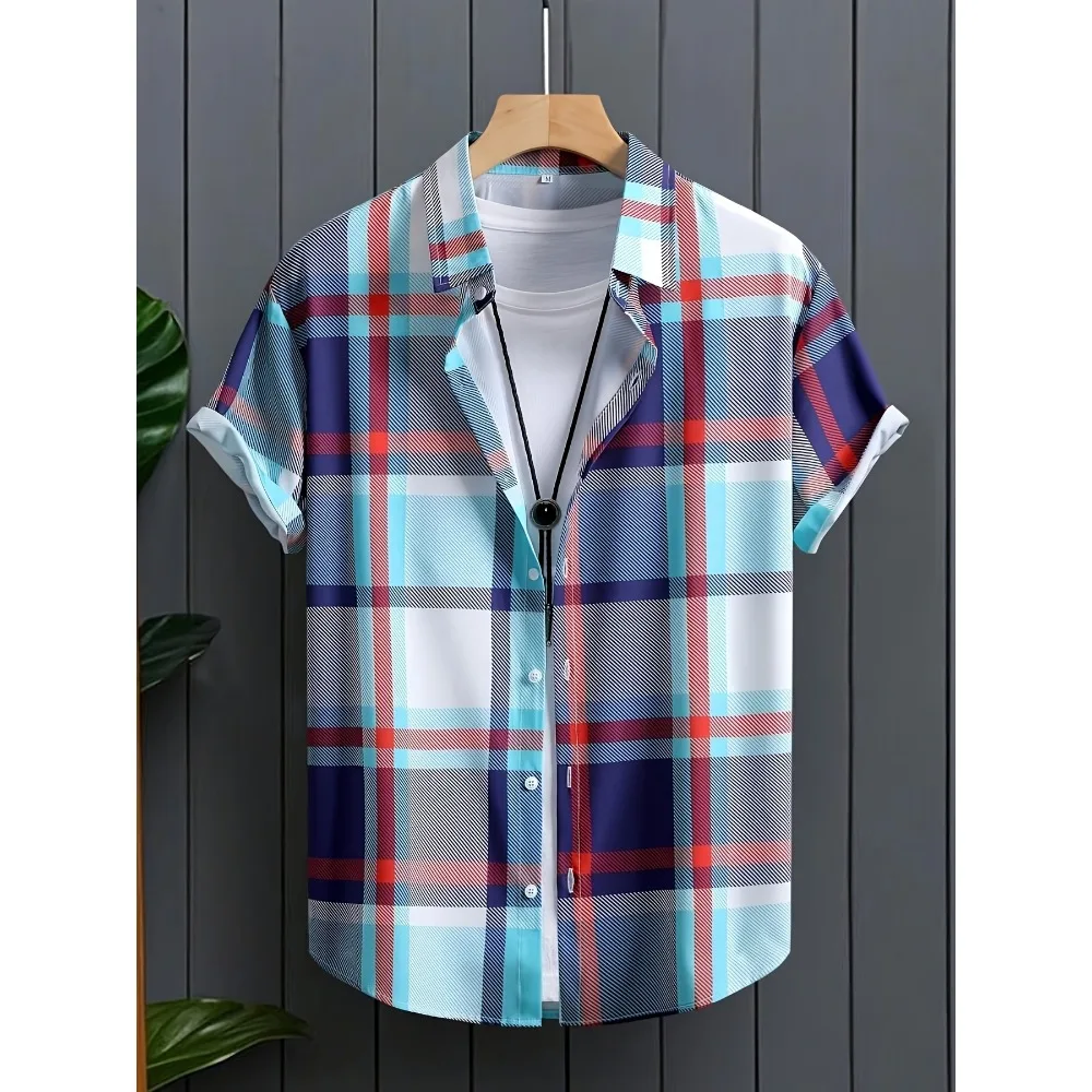 

2026 Men Colorful Plaid Hawaiian Shirt Breathable Lapel Short Sleeve Shirts Casual Beach Vacation Camisa Masculina