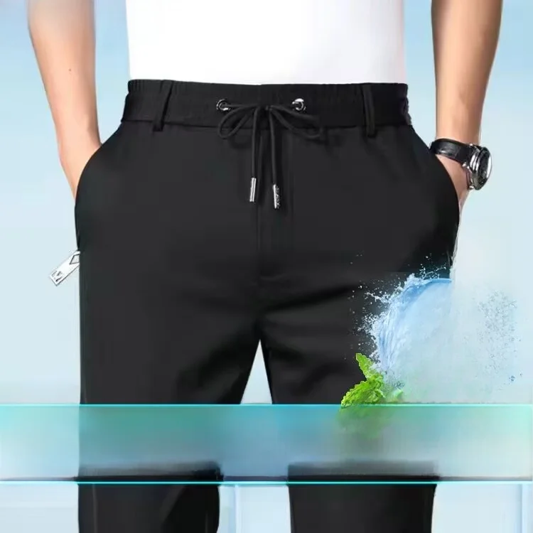 

Ice Silk Casual Pants for Men Mid-aged And ly High-waist Elastic Waist Five Zipper Straight-leg Busin Casual Sle
