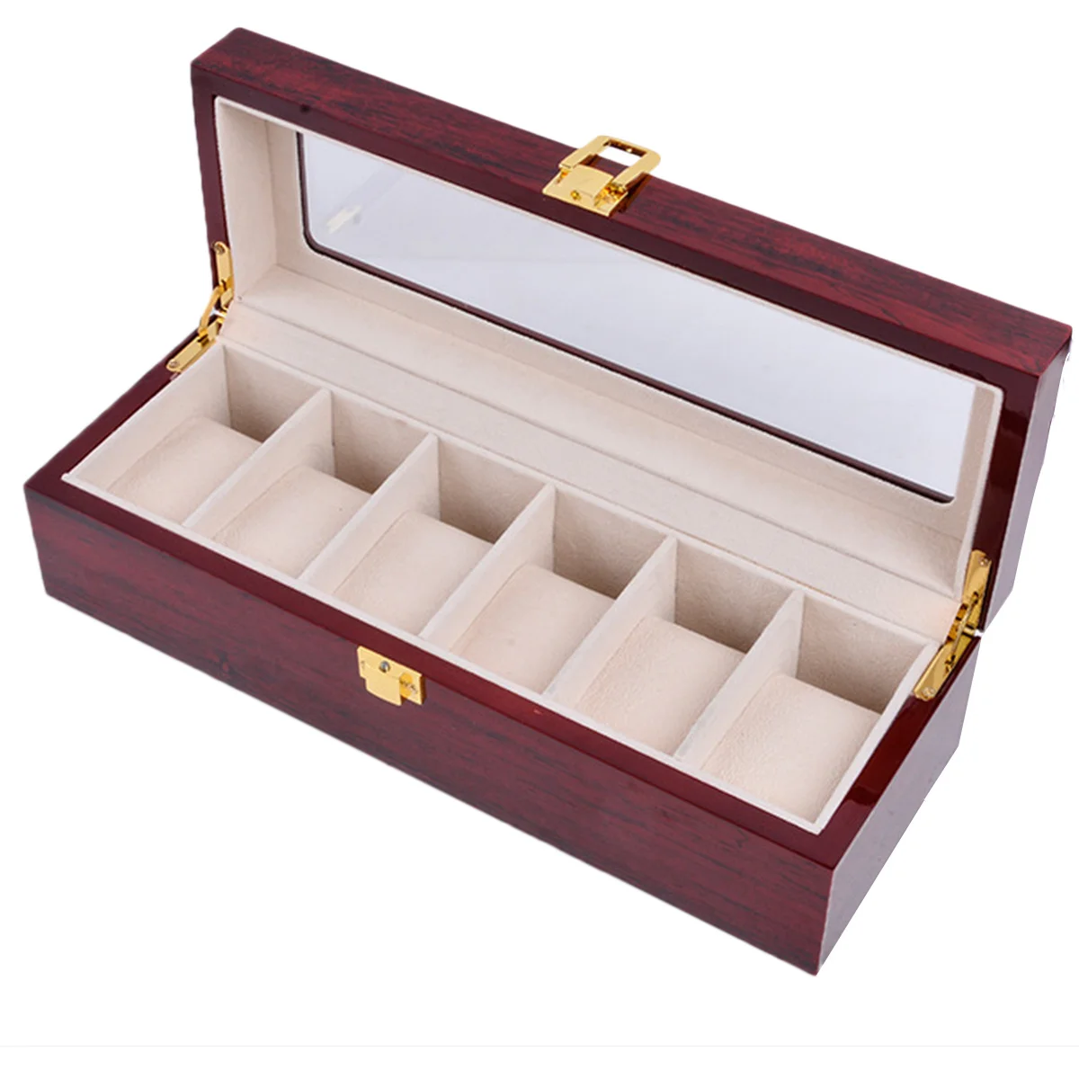 

6 Slot Watch Display Organizer Wooden Box Transparent Lid Metal Lock Secure Case for Watches Bracelets Watch Display Box