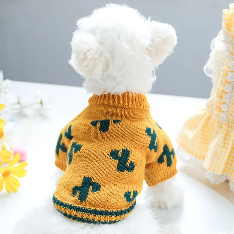 1PC Pet Clothing Cat Autumn Winter Thickened Yellow Cactus Elastic Pullover Knitted Suitable Sweater for Small and Medium Dogs