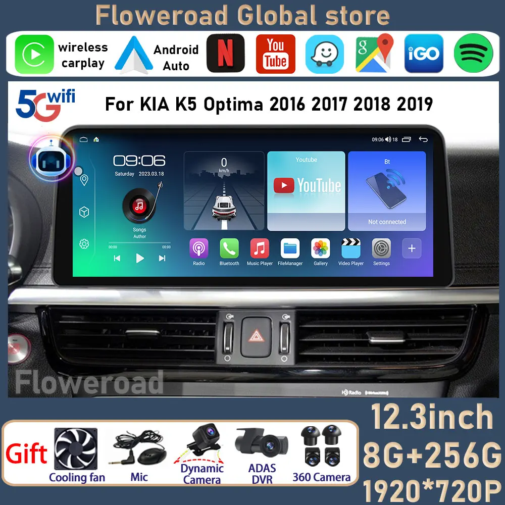 

12.3 INCH 8GB+256GB For KIA K5 Optima 2016 2017 2018 2019 Android Car Radio Multimedia Player Navigation GPS Carplay Auto Stereo