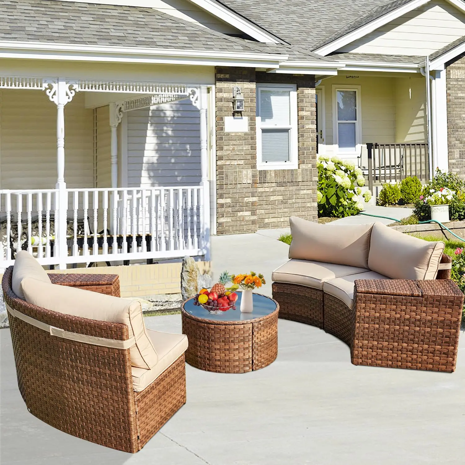 

Набор мебели для уличного патио, 7-компонентный всепогодный плетеный изогнутый уличный диван в форме полумесяца, набор для бесед из ротанга с таблицей для хранения