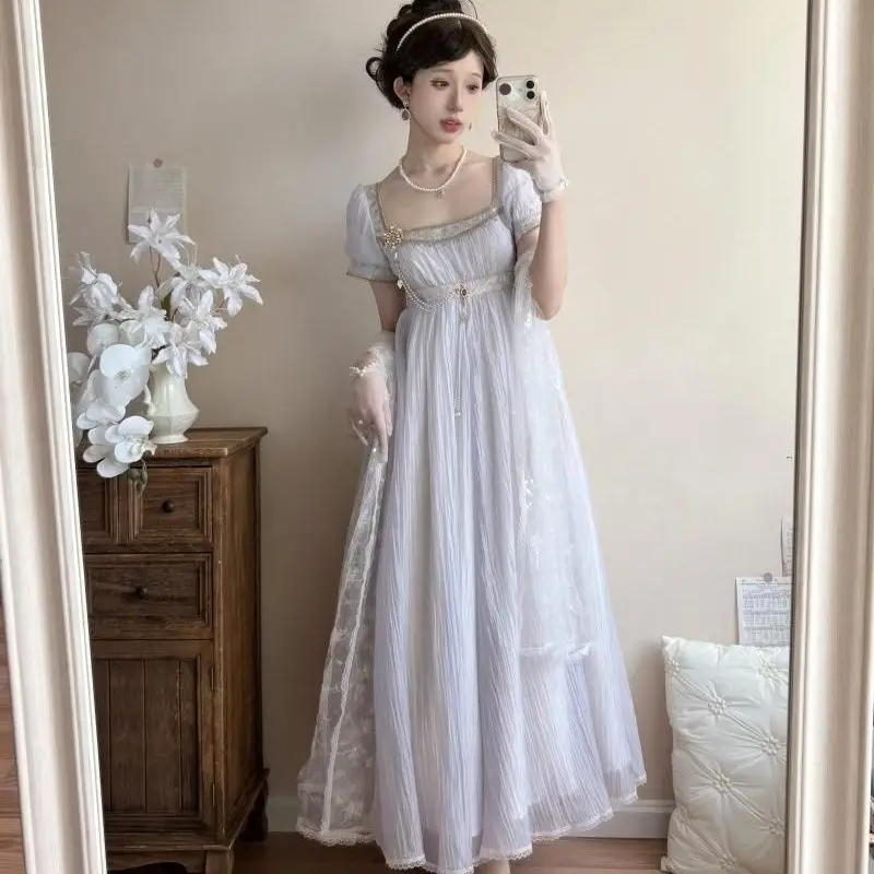 robe-empire-style-lolita-motif-peinture-a-l'huile-violet-vert-clair-abricot-col-carre-manches-bouffantes-Elegante-et-digne