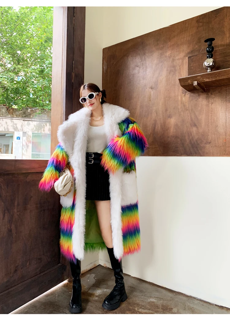 Lady Personalized Rainbow Faux Fur Coat Contrast Color Long Jacket Female Streetwear Women\'s Winter Coats Performance Costume