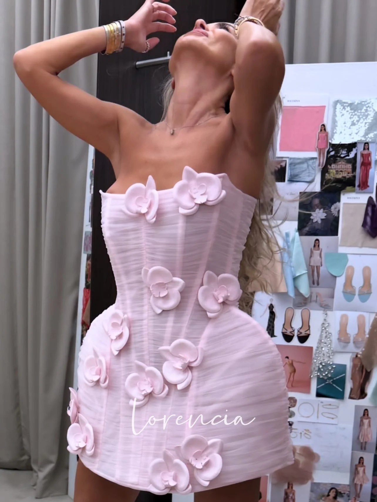Lorencia Pink Mini Prom Dresses Strapless 3D Flowers Boned Corset Short Party Gowns Customized Above Knee Fitted Gala Dresses