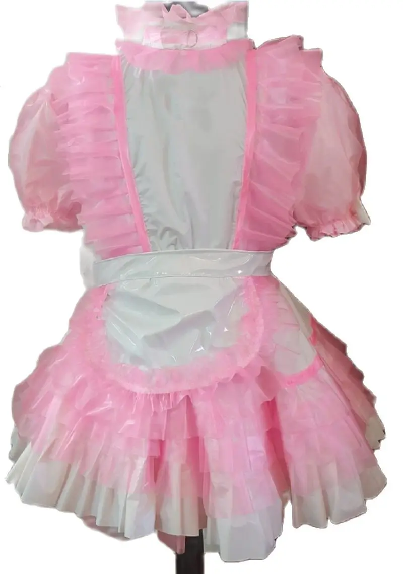 Hot Selling Lockable Sissy Dress Sexy Maid Pink White PVC Apron Ruffle Tower Role-playing Costume Customization