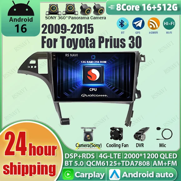 Android 16 Carplay Auto Car Radio Multimedia Player 2K Screen For TOYOTA Prius 30 2009-2015 Autoradio GPS Stereo 2din Head Unit