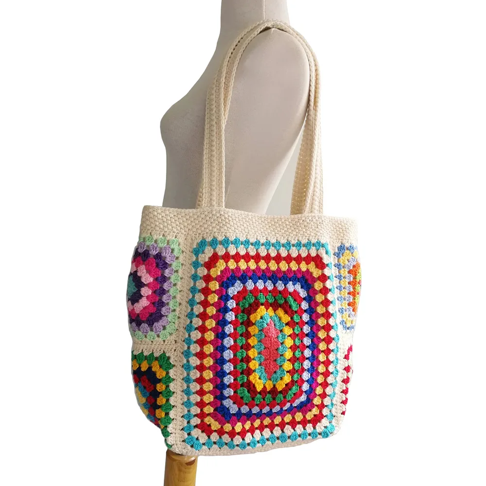 DIY Hand Crochet Latest Popular Bohemian Style Knitting Grandmother Check Shoulder Slung Bag for Girls.