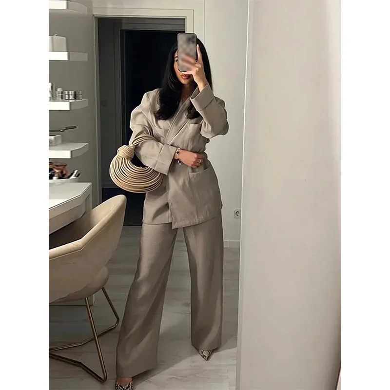 2024 casual loose blazer women set fashion lapel cardigan lace up pockets shirt straight leg pants suit Lady commuting outfits