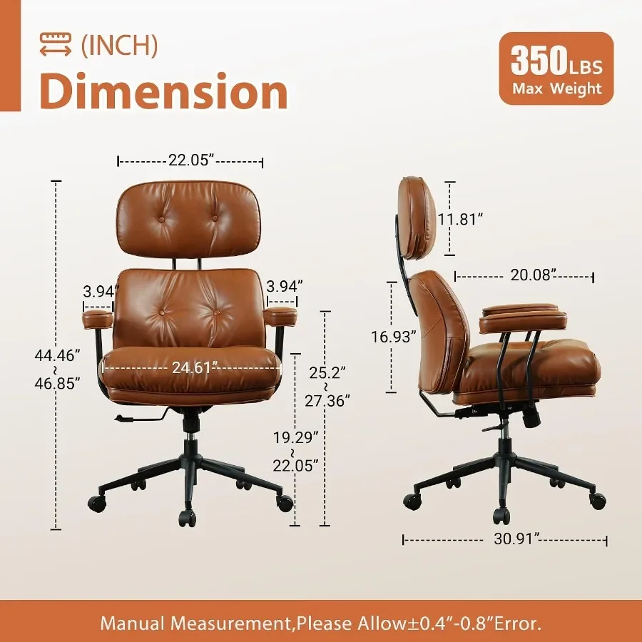 Ergonomic Office Chair with Wheels, Mid Century PU Leather Reclining Executive Chair with Lumbar Support, 350lbs Capacity, High