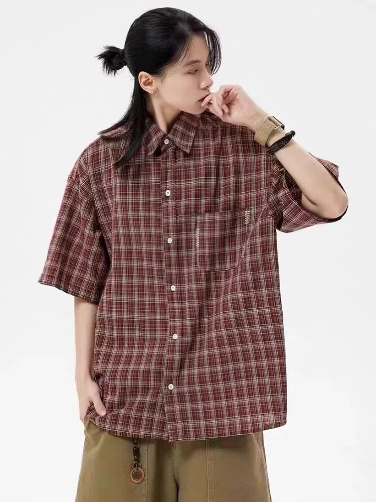 Harajuku Y2K Plaid Shirt Women Streetwear Oversize Short Sleeve Retro Blouse Japan Loose Pocket Bf Summer All Match Vintage Tops
