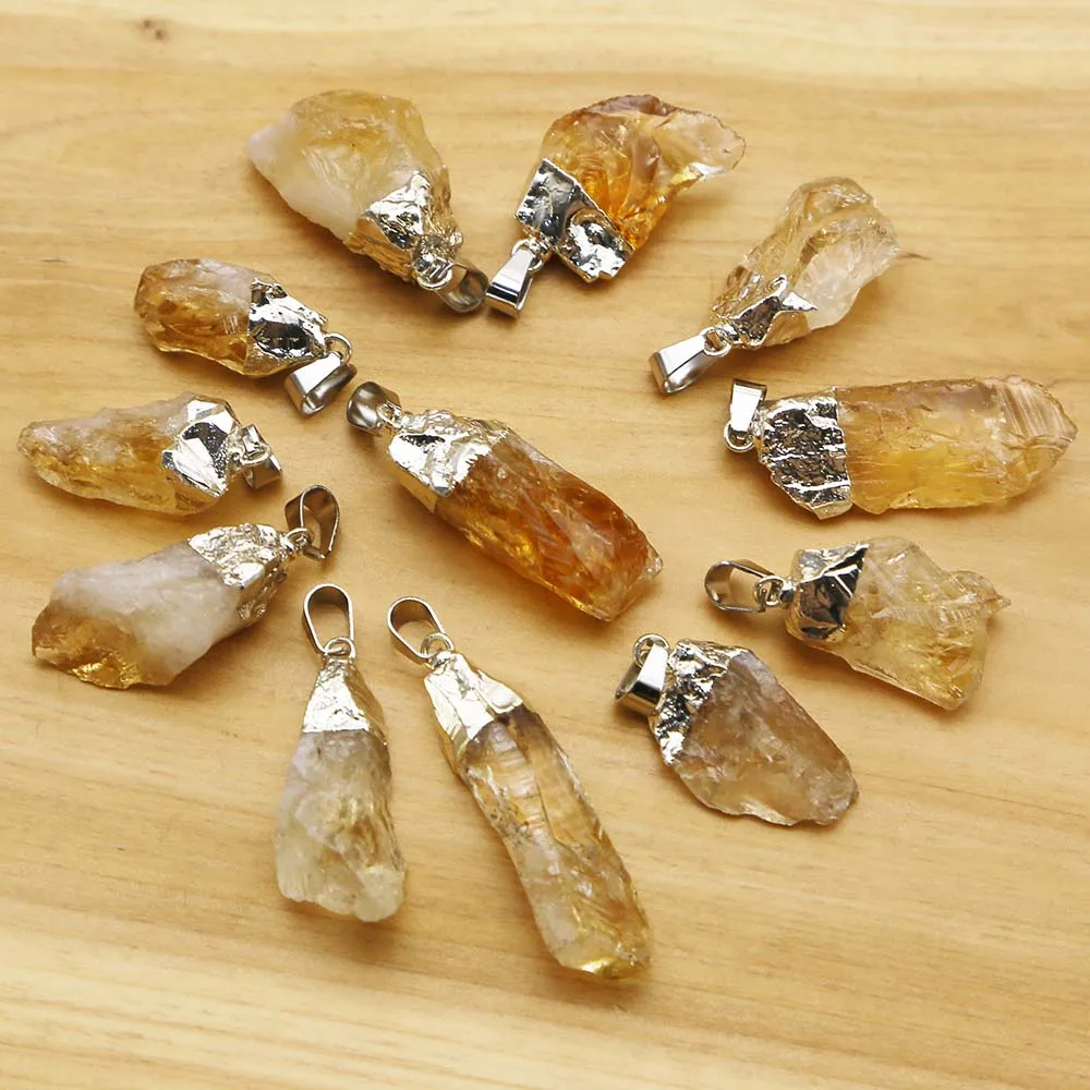 Fashion Natural Raw Ore Irregular Topaz Pendant Yellow Crystal Plating Silver Necklace Charm Jewelry Accessories Wholesale 10Pcs