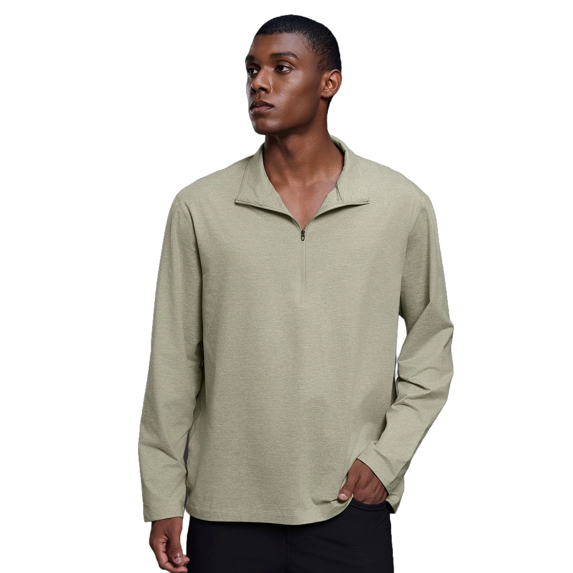 Mens Half-zipper stand collar Long-sleeved T-shirt Spring Autumn Loose Breathable Turtleneck sweater Solid color Versatile Top