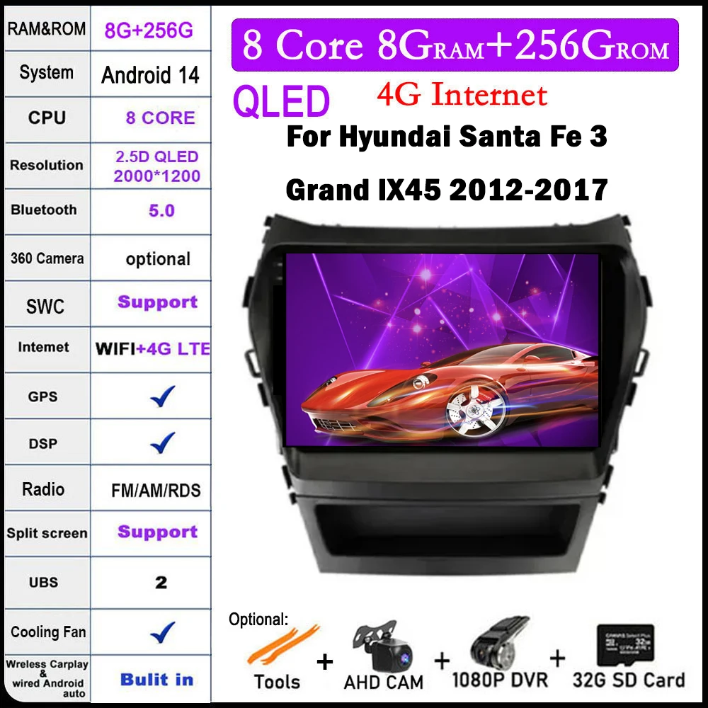 

9 lnch For Hyundai Santa Fe 3 Grand lX45 2012-2017 Car Carplay Video Player GPS IPS Navigation Multimedia Stereo 4G LET