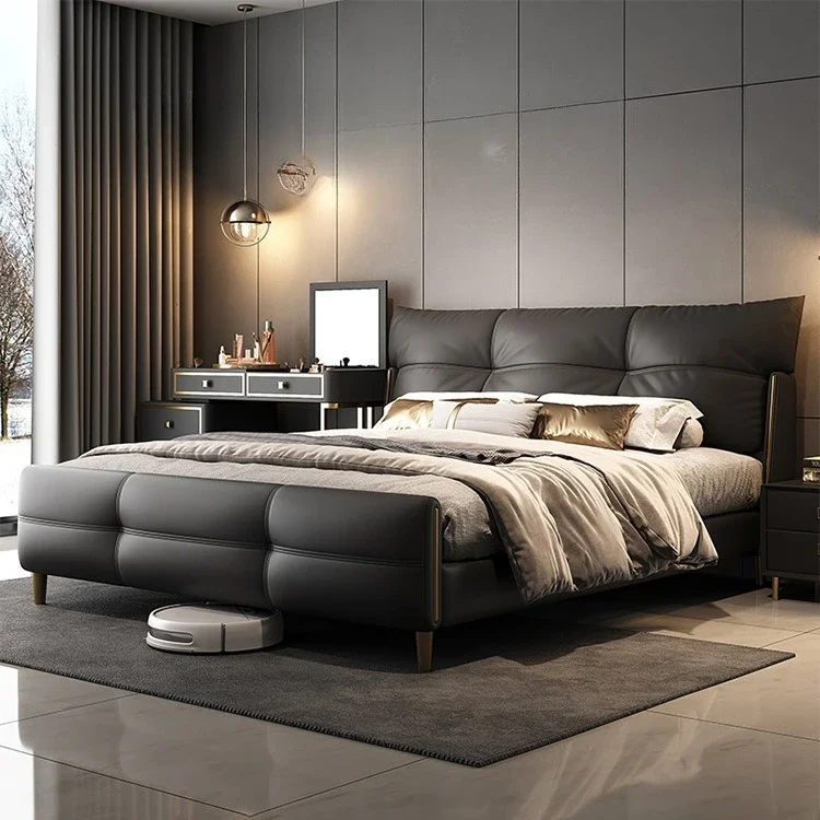 بساطة عصرية، طراز إيطالي، فاخر خفيف، سرير جلدي، رياح كريمية 1.8 متر، غرفة نوم رئيسية سوداء، مزدوجة #2