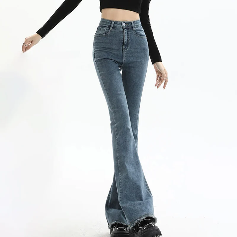 

2025 New Autumn Burr Cuff Flare Jeans for Women Fashion Vintage Washed Flared Pants Female Sexy High Waist Horseshoe Denim Pants