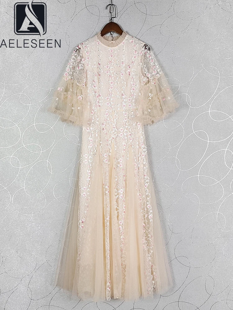 

AELESEEN Luxury Summer Long Dress Women Flare Sleeve Design Fashion Flower Embroidery Mesh Ruffles Elegant Party Holiday