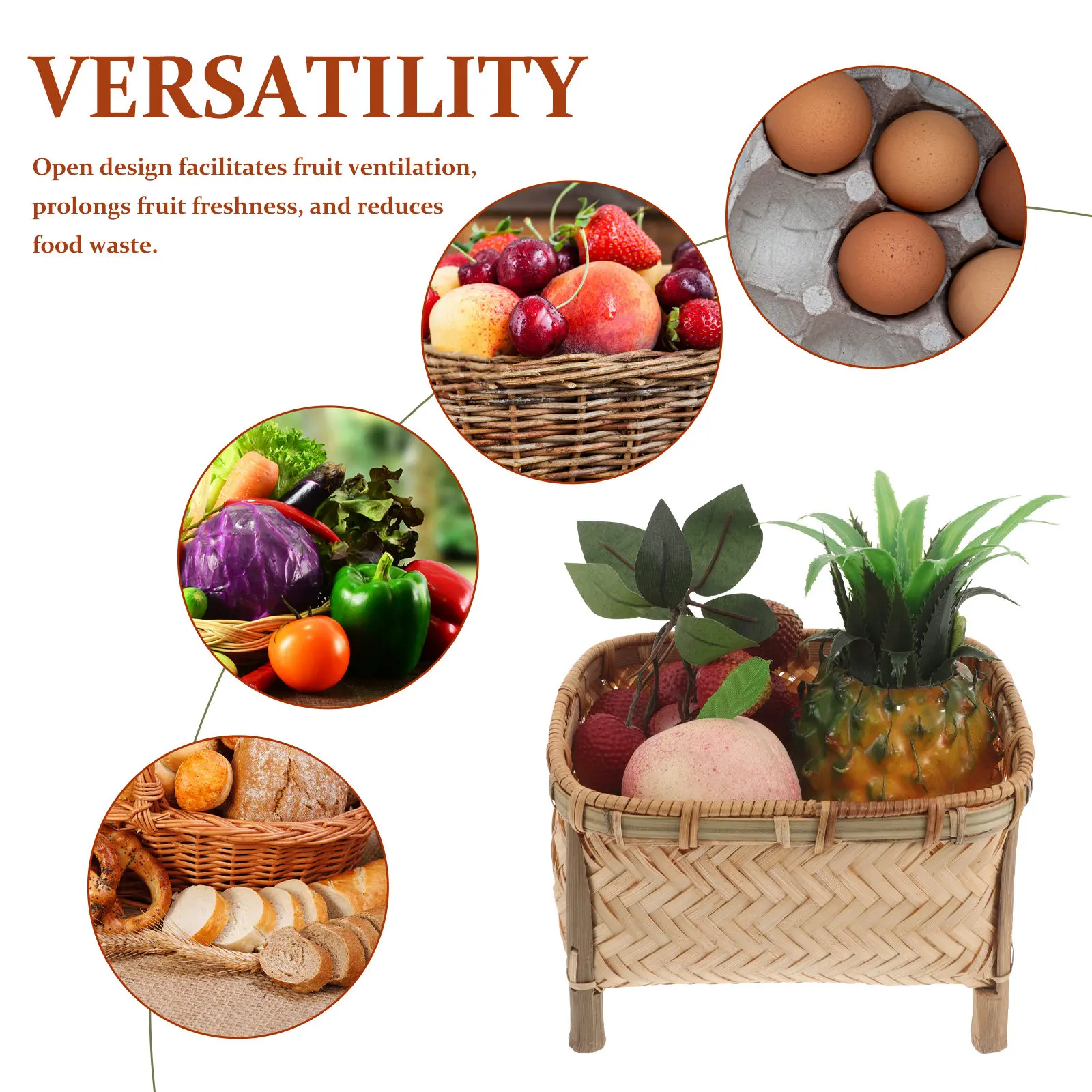 Bamboo Bread Basket Handwoven Short Legs Kitchen Counter Decorative Storage Basket Fruit Snacks Vegetables Multi-Purpose view 4
