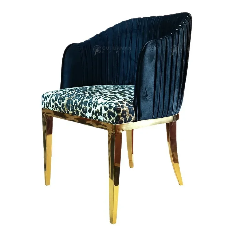XMH Light luxury stainless steel dining chair, living room home single leisure chair, custom multi-color pleated leopard print