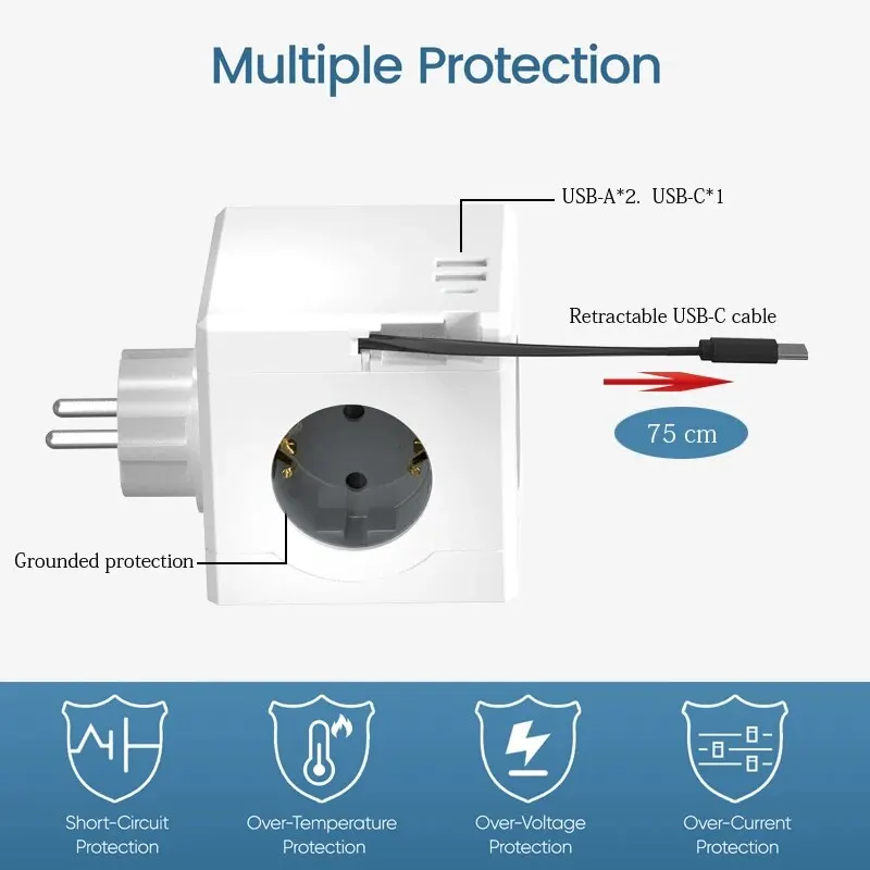 MASSFA Multi Socket Cube EU Plug Power Strip Adapter Surge Protector with 3 AC Outlets 3 USB Port with Retractable USB-C Cable