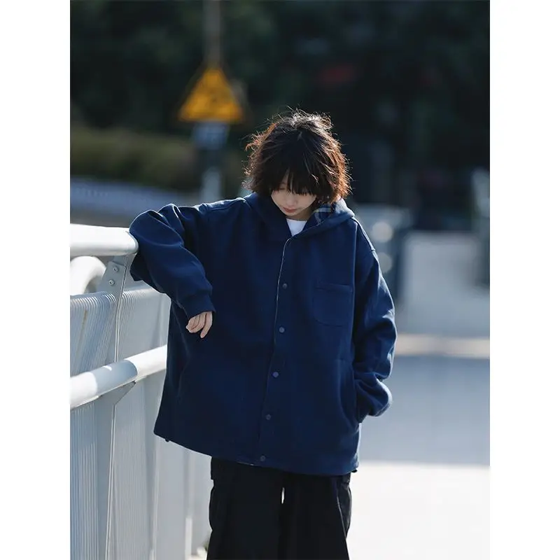 Japanese spicy girl retro solid color plaid hooded cardigan sweatshirt spring autumn American loose casual couple sweatshirt