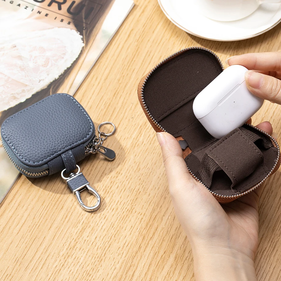 Small Genuine Leather Universal Key Wallets Earbud Case Headphone Storage Case Keychain Earphones Carrying Pouch Key Case